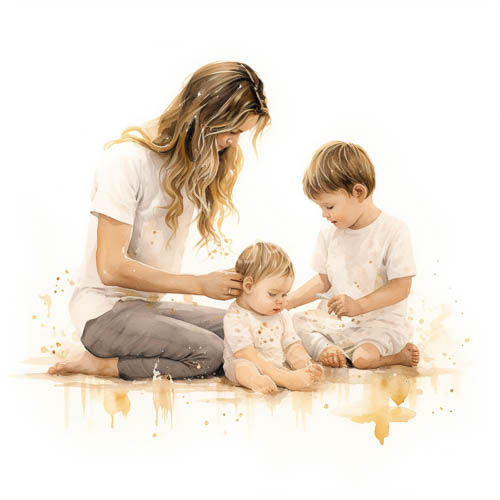 blonde woman kneels beside young boys in crisp white shirts within muted domestic