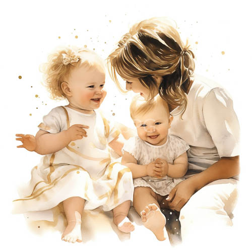 motherhood with cream dress and light brownhaired woman with two toddlers on white fabric