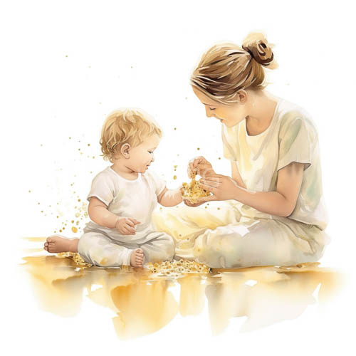 adult woman with light brown hair and toddler scatter shimmering particles amidst playful interaction in matching white attire