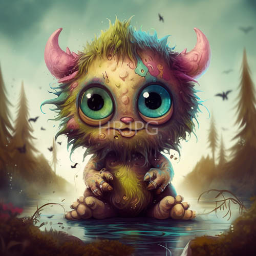 High Resolution: Fantasy Creature Sits in Shallow Reflective Water Among Pine Trees and Clouds download. | HRJPG.com
