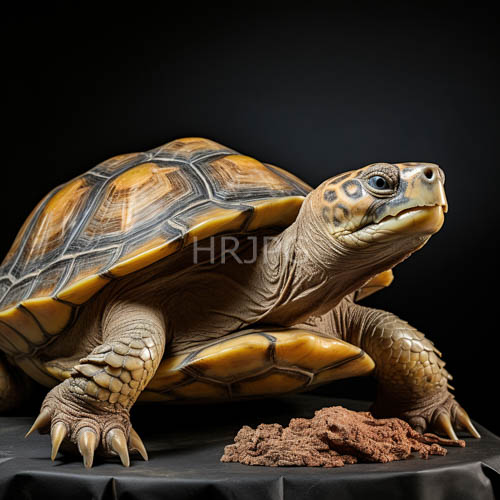 large tortoise sculpture displays intricately detailed texture on black background