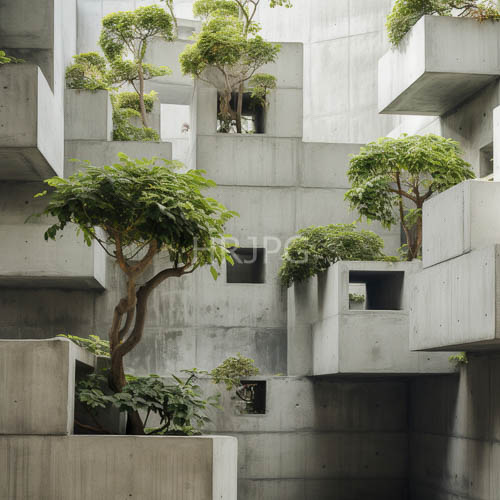 High Resolution: Angular concrete balconies define modern urban gardens with potted trees and textured walls download. | HRJPG.com