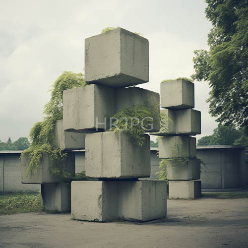 concrete cubes overgrown with moss and ferns in urban industrial setting