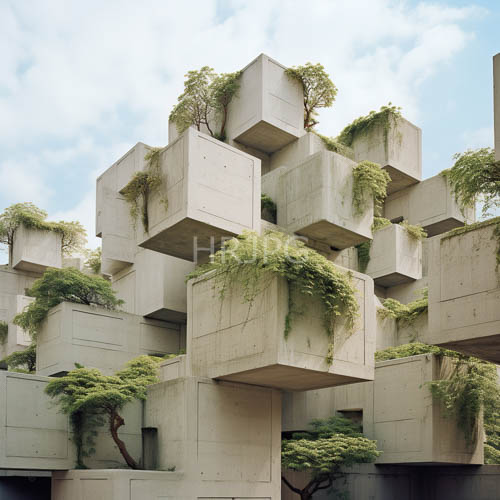 angular concrete facade overgrown with verdant greenery under partly cloudy skies