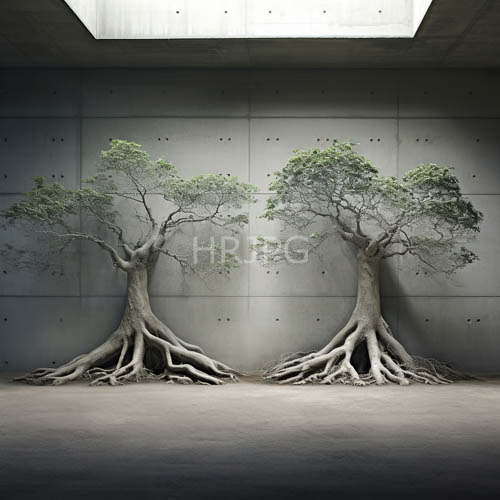 industrial concrete wall confronts tangled foliage and weathered sculptural forms