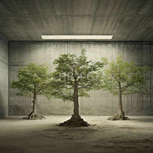 High Resolution: Emerald Foliage Thrives Amidst Concrete Architecture Under Fluorescent Illumination Contrast download. | HRJPG.com