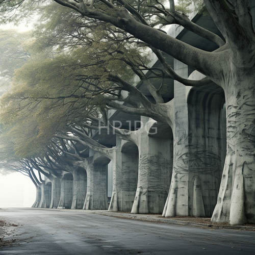 tree trunks merge with roots beneath concrete arches in a citys forgotten spaces