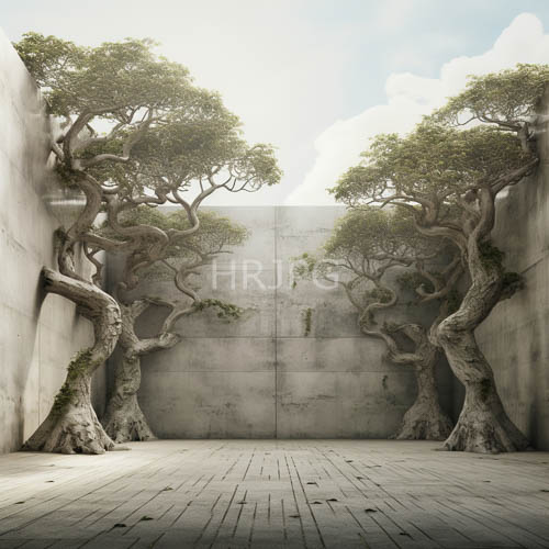 majestic trees tower over weathered stone courtyard framed by cloudcast shadows