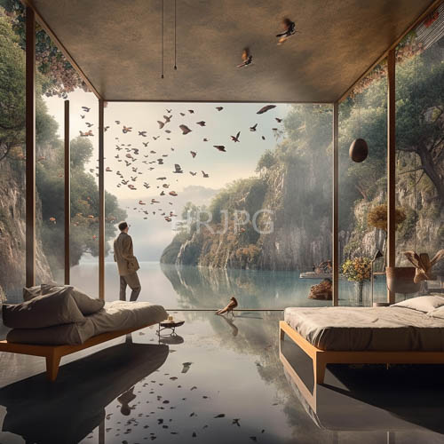 silhouette stirs amidst dawnlit lake and towering cliffs amidst glass walls