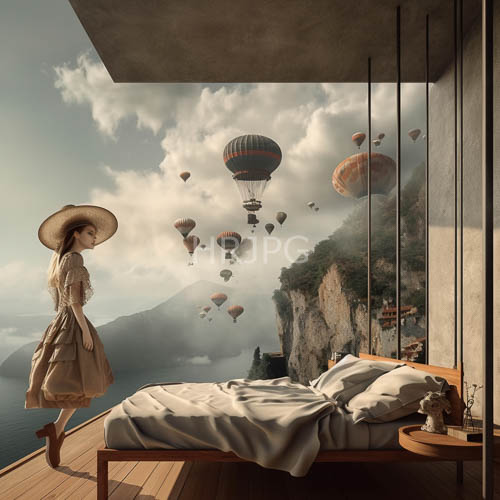 vintage woman in creamcolored dress surrounded by floating balloons over misty mountains at dawn