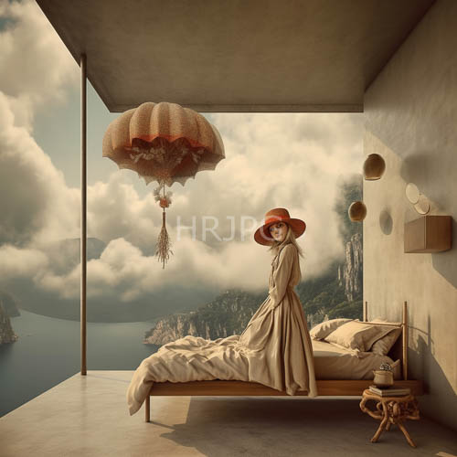 ethereal woman frames in widebrimmed red hats and beige dresses on white sheeted bed