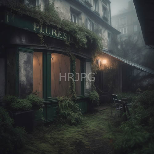 High Resolution: Mosscovered café with greenframed windows amidst misty urban woodland ambiance download. | HRJPG.com