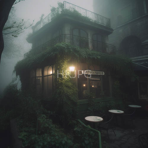 fogshrouded ivycovered building with weathered facade and glowing pastelle sign amidst urban decay