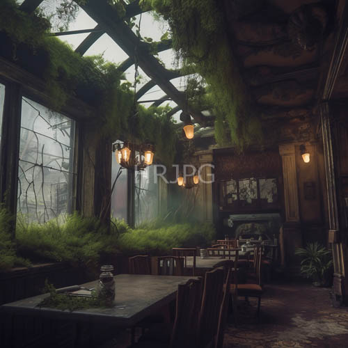 mosscovered greenhouse caf overgrown glasshouse vintage decor meets lush greenery under dim lighting