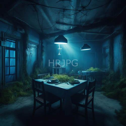 vegetation envelops decaying chairs in dimly lit dining room setting