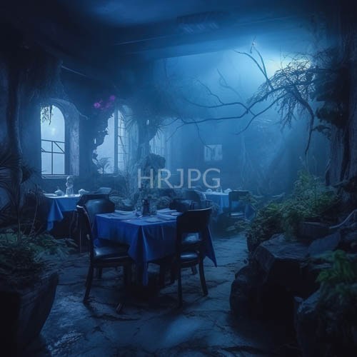 High Resolution: Abandoned Restaurant Haunts with Forgotten Feasts Under Cold Blue Moonlight Amidst Overgrown Foliage and Tangled Vines download. | HRJPG.com