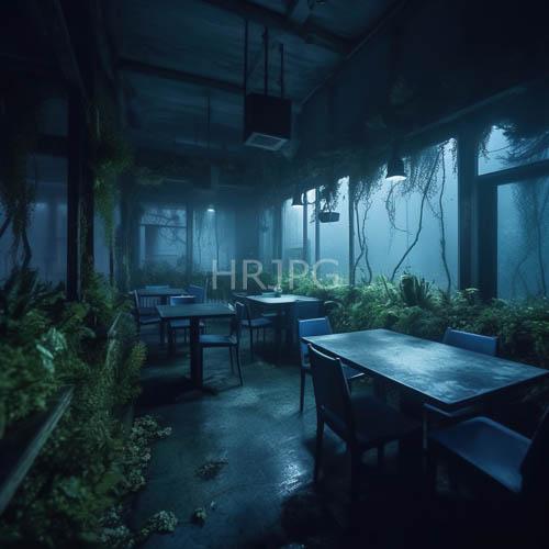 abandoned greenhouse atmosphere with swaying moss and haunting fog