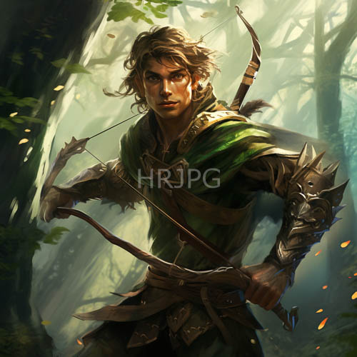 High Resolution: Sunlit Forest Background Filters Dappled Light on Muscular Young Archer Preparing for Battle download. | HRJPG.com