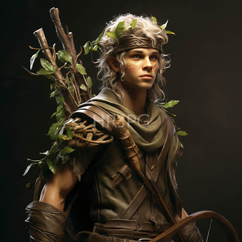 androgynous silverhaired archer in olivegreen tunic poised amidst misty forest foliage and vinewrapped arrows