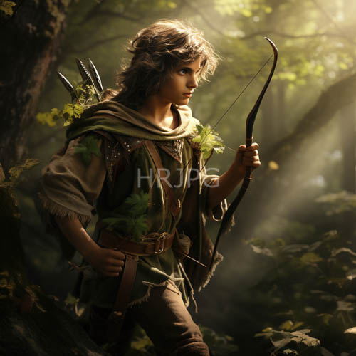 majestic forest guardian with tunic and bow in sunlit clearing