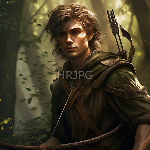medieval archery in sunlit forest canopy with quiver and polished armor