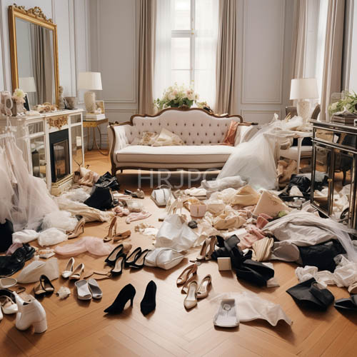 luxury fashion chaotic elegance surrounds vintage accents amidst textured wooden parquet