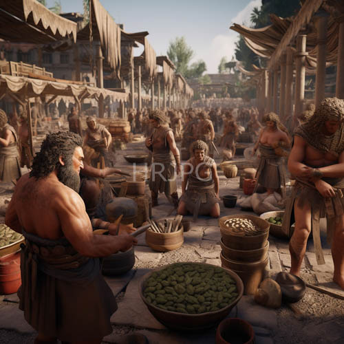 ancient mediterranean marketplace with muscular men in flowing togas engaging in lively trade