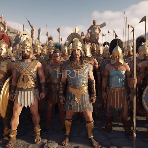 High Resolution: Greek Warriors Standing in Formation Under a Clear Blue Sky with Sunlight download. | HRJPG.com