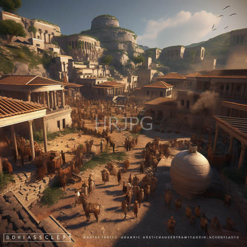 rugged greek cityscape unfolds beneath azure skies as terraced columns stand vigilant amidst ancient ruins