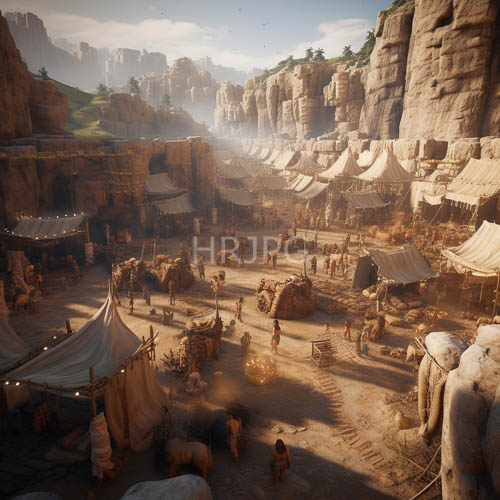 ancient desert marketplace unfolds under canopy of vibrant skies and jagged rock formations