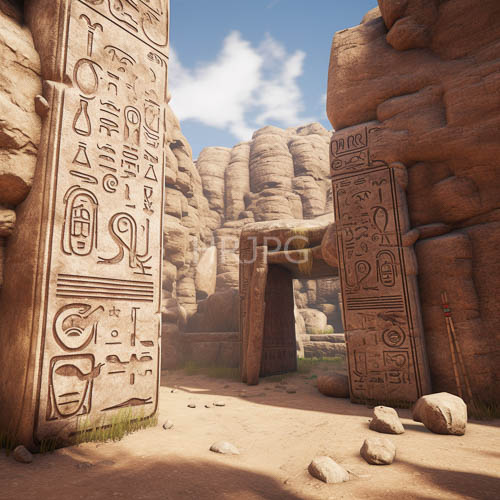 High Resolution: Ancient Egyptian Desert Temples Hieroglyphic Pillars Dominate Weathered Sandstone Archway download. | HRJPG.com