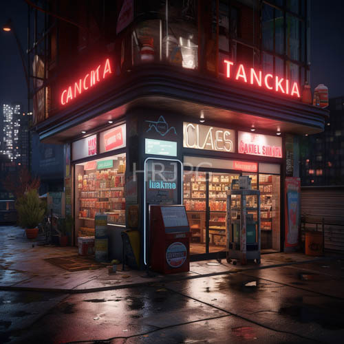 cancia convenience shop neon halo glistens on corner vending machine shelves at night