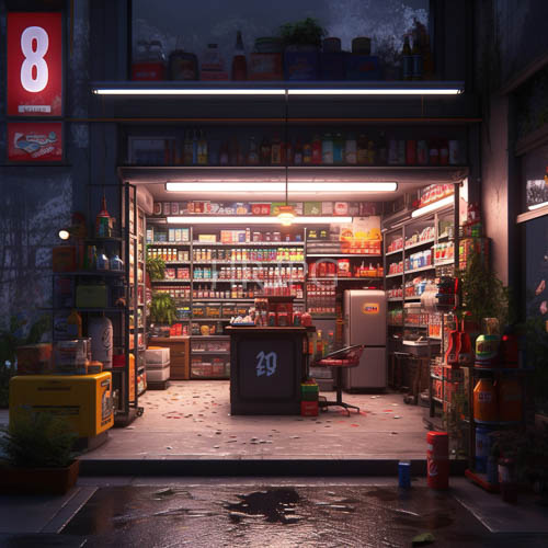 narrow convenience store entrance at night framed by crates and shimmering fluorescent lights
