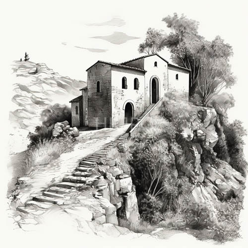 ancient stone building weathered limestone textures under overcast sky in remote hilly landscape