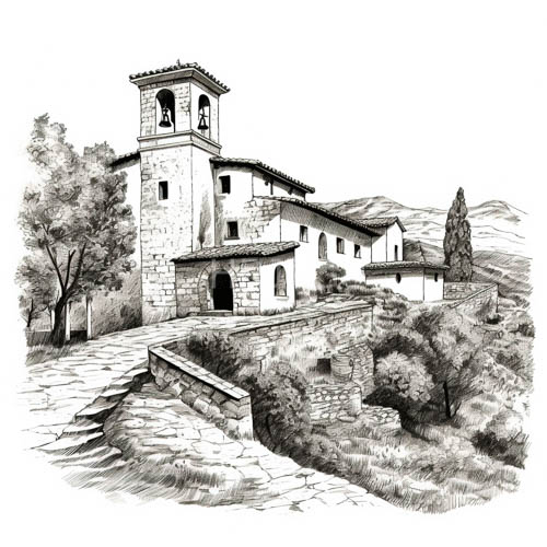 rustic church facade confronts weathered stones and lush surroundings amidst faded architectural lines