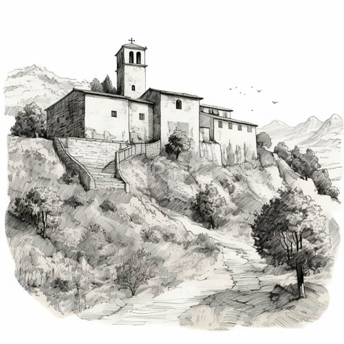 ancient stone church rising sentinel on rocky hillside with winding forest pathways and distant mountains