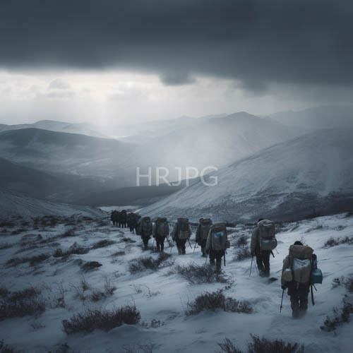 mountain hikers traverse snowcovered hills amidst ominous storm clouds