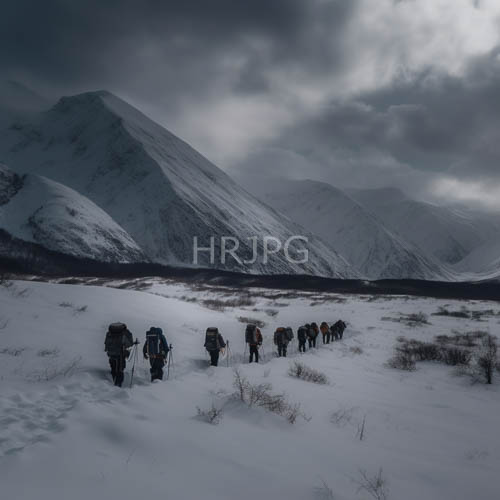 rugged hikers traverse snowcovered peaks under overcast skies with fading snow shadows