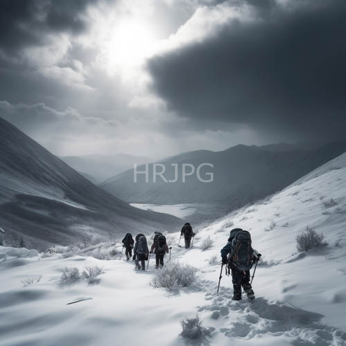 mountain climbers striding upward through clouds on snowcovered alpine peaks with rugged terrain
