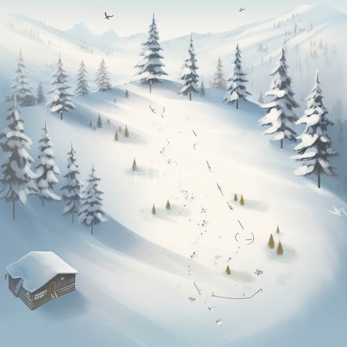 winter landscape amidst sparse evergreen bushes unveils a serene cabin