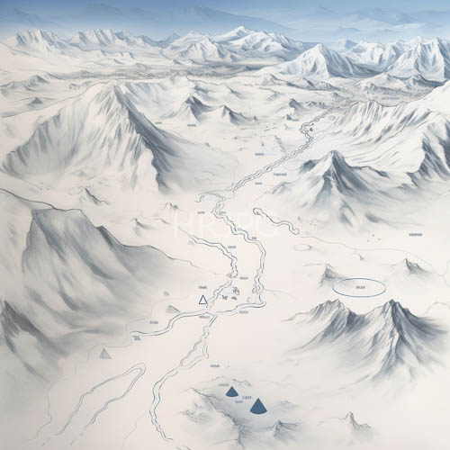 snowblanketed peaks meet grayblue rivers under a muted blue sky