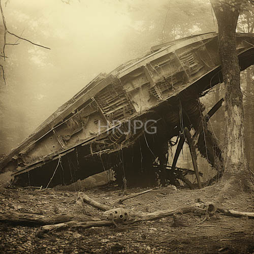 decaying forest trunks bracket rusting train car sepiatoned atmosphere autumnal decay