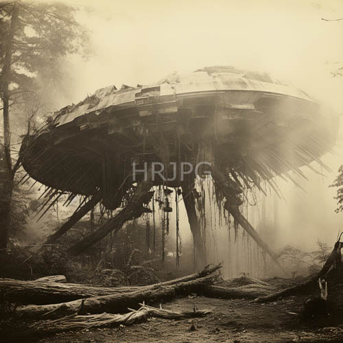 ethereal ufo wreckage looms in mysterious foggy forest landscape