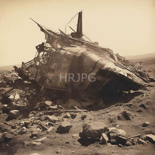 barren rocky terrain dominated by severely damaged spacecraft silhouette