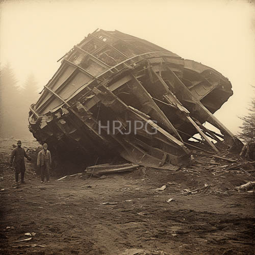 early20thcentury industrial mishap unfolds amidst rugged pine forest terrain and sepiatoned machinery wreckage