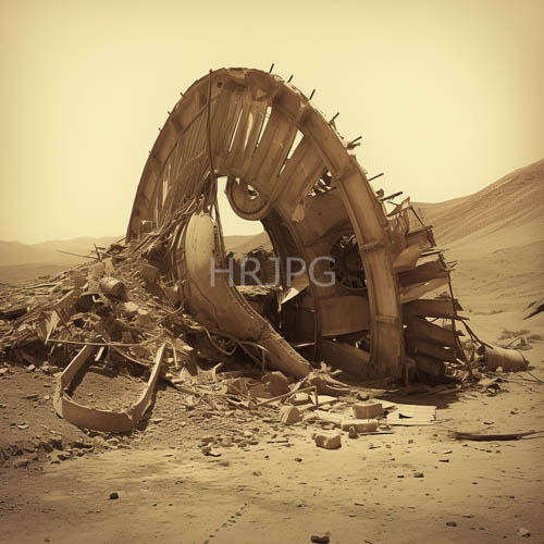 distressed spaceship dominates sunbaked sand with jagged silhouette of corroded alloys and fractured panels