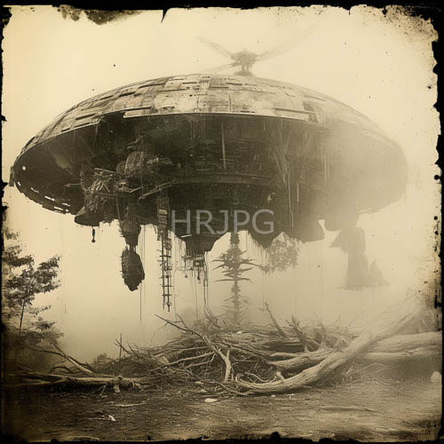 High Resolution: Forgotten Terrestrial Engineering on Weathered Flying Saucer Disc in SepiaToned Woodland Setting with Fog download. | HRJPG.com