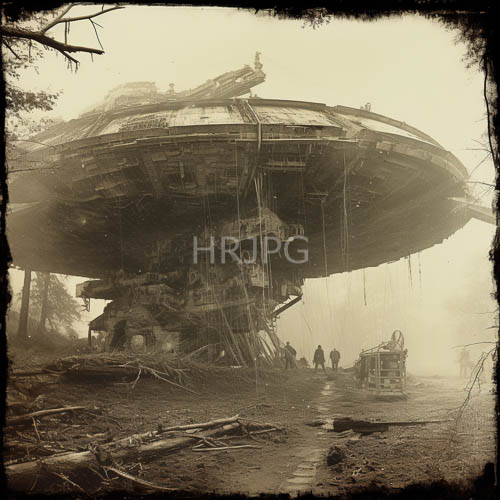 sepiatoned flying saucer vessel amidst misty woodland amidst weathered metal and verdant foliage