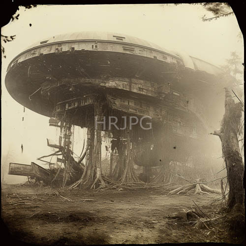 enormous weatherworn flying saucer silhouette perched on forest ground amidst misty fog