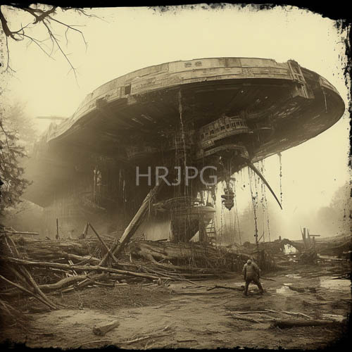 abandoned alien spacecraft reveals forgotten technology amid foggy forest